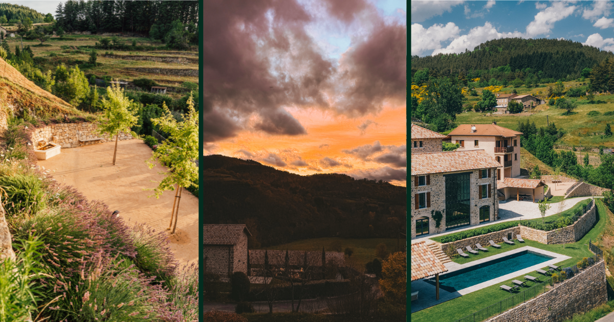 Terrain de pétanque, douces couleurs du ciel au lever du soleil & la Ferme d'Edouard avec sa piscine.