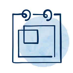 Blue calendar icon with two spiral rings and a highlighted date against a pale circular background.
