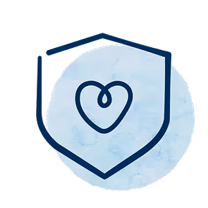 Blue outlined heart inside a shield shape with a light blue circular background.
