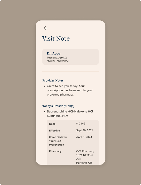 Mobile screen showing a visit note from Dr. Appa with appointment details and prescription information including buprenorphine HCl-Naloxone HCl sublingual film, dosage, effective date, return date, and pharmacy location.