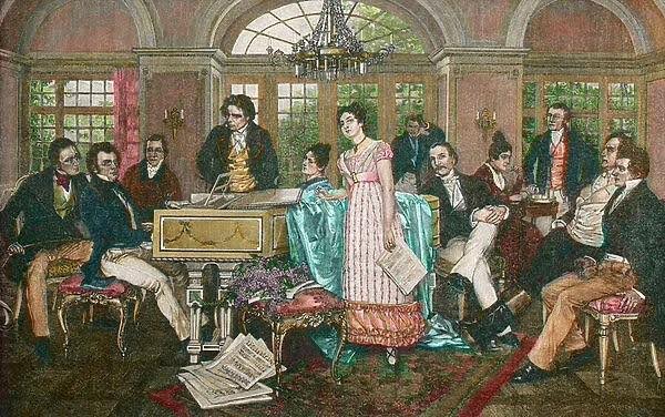 schubert art song: Schubert, at the piano, was described by his friend Eduard von Bauernfeld "Inwardly a poet and outwardly a hedonist