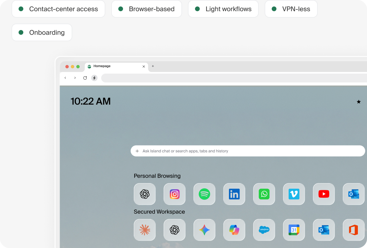 Island browser home screen with personal browsing apps kept separate from a secured workspace