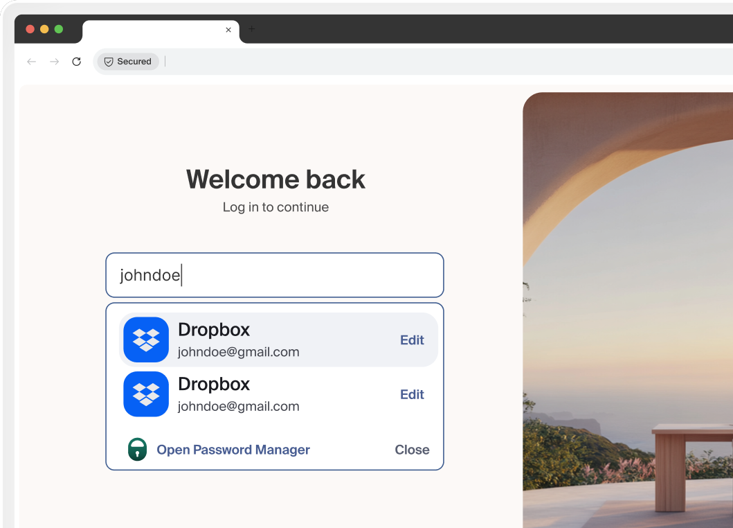 Island browser sign-in screen offering saved credentials from the built-in password manager