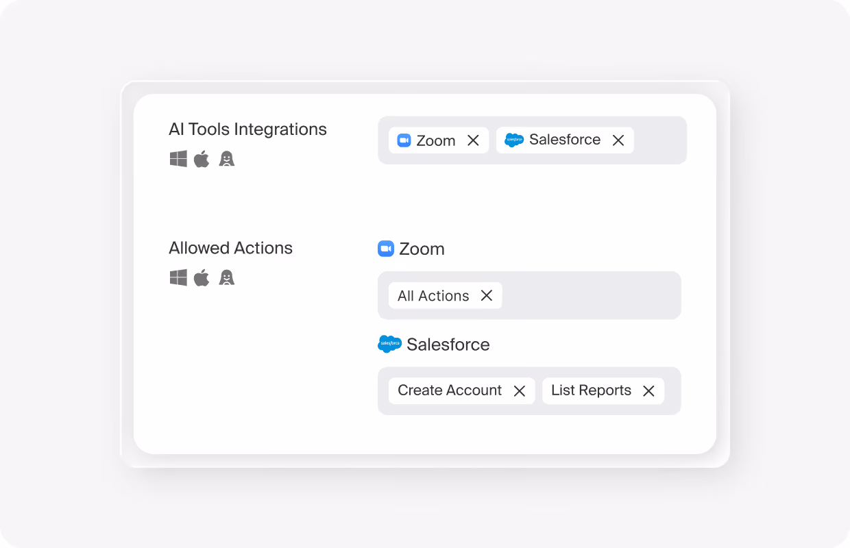 Island settings showing Zoom and Salesforce as allowed AI tool integrations with their permitted actions