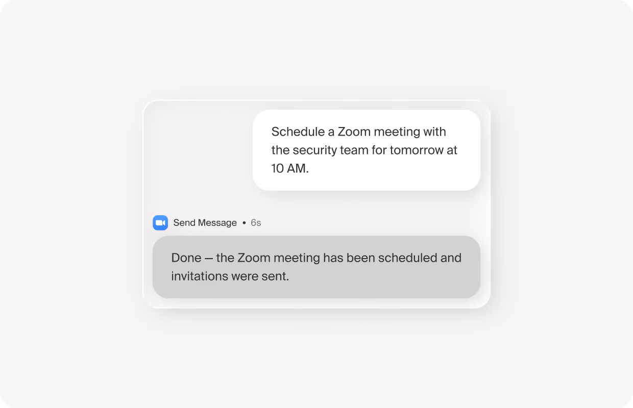 Island Chat scheduling a Zoom meeting with the security team and confirming the invitations were sent