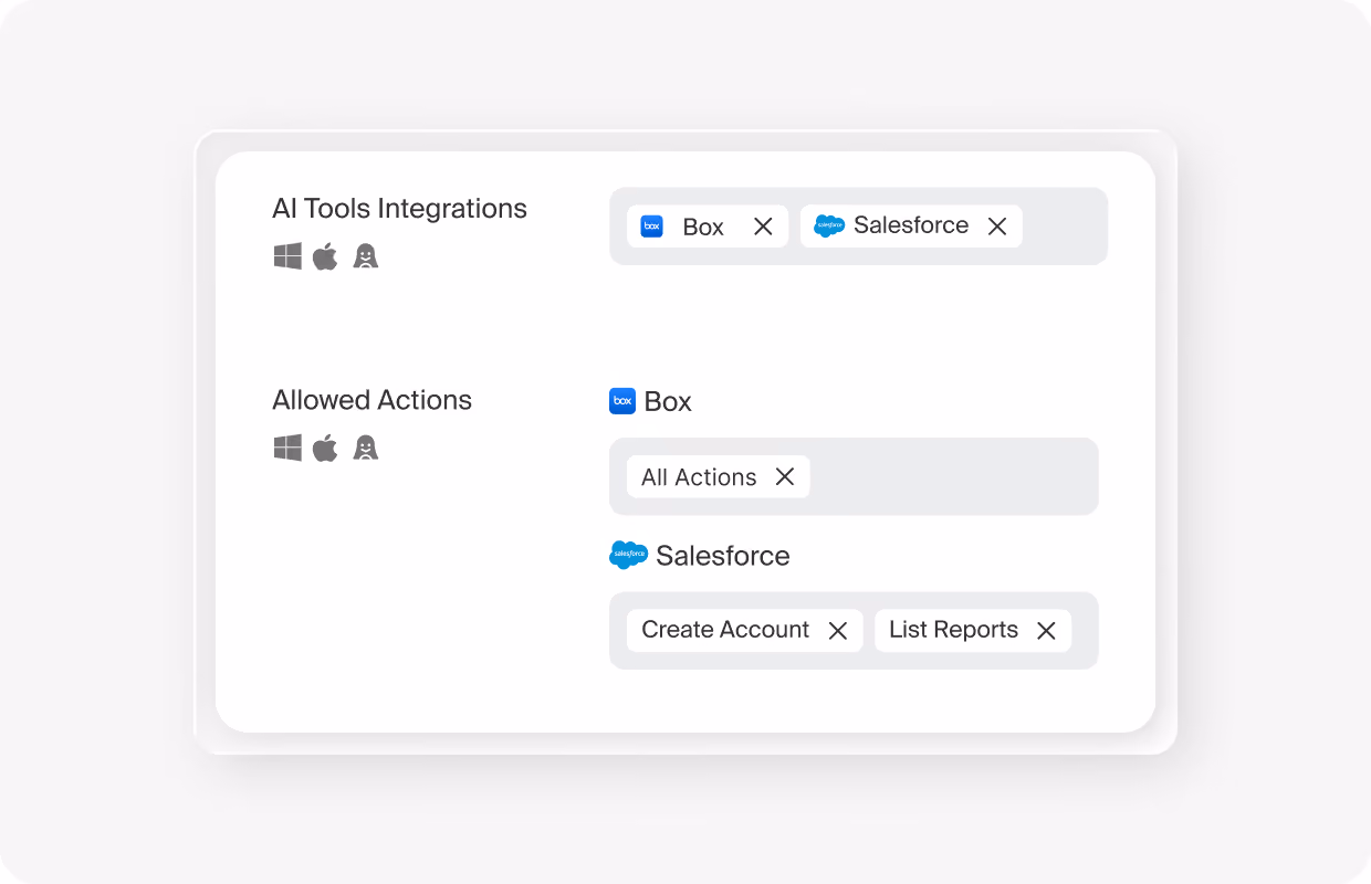 Island settings showing Box and Salesforce as allowed AI tool integrations with their permitted actions