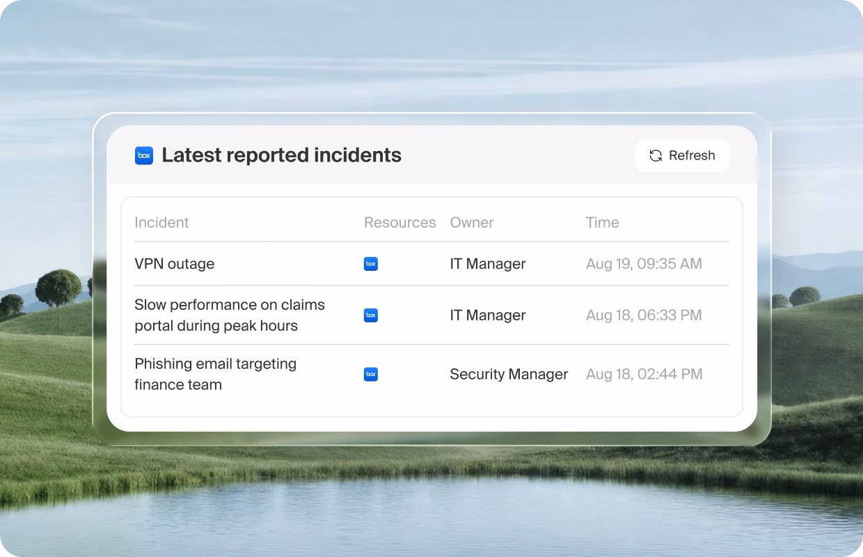 AI-built app showing a table of latest reported incidents, over a green hills landscape