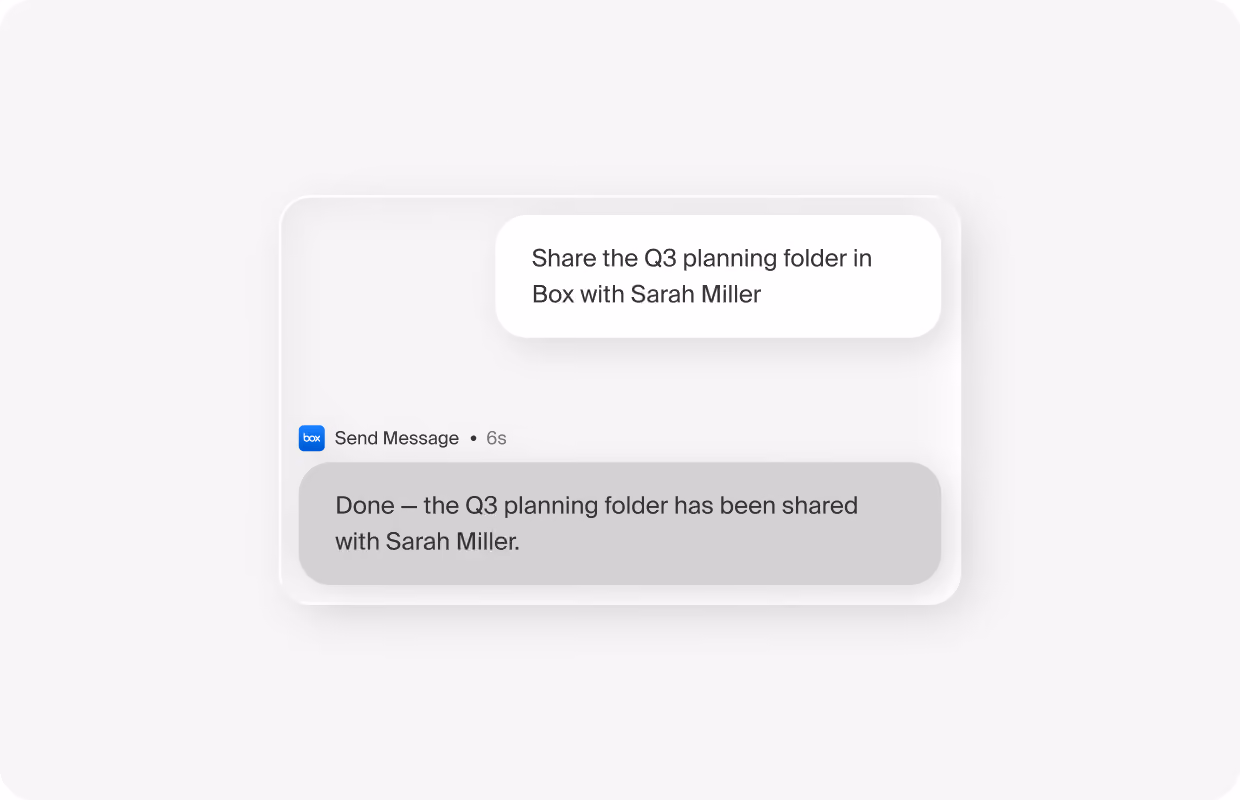 Island Chat sharing the Q3 planning folder in Box with a colleague and confirming it was shared
