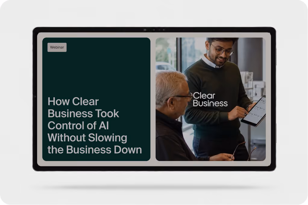 Tablet showing the webinar How Clear Business Took Control of AI Without Slowing the Business Down