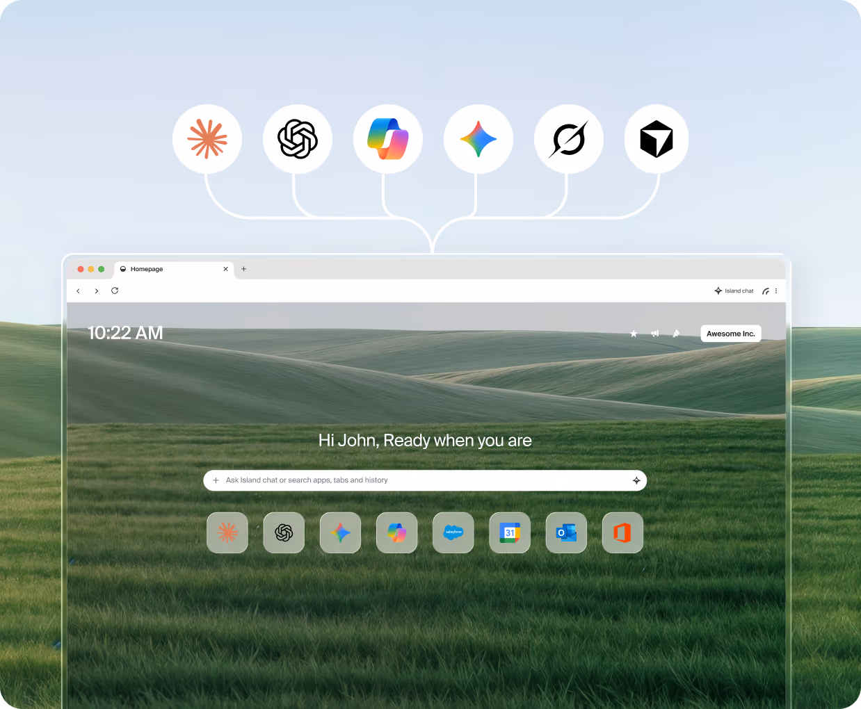 Island Enterprise Browser homepage on a green meadow background, with AI provider icons connected to the browser