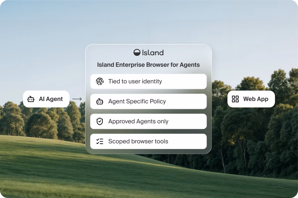 Diagram of an AI agent connecting to a web app through Island Enterprise Browser for Agents, with policy tied to user identity, approved agents only and scoped browser tools