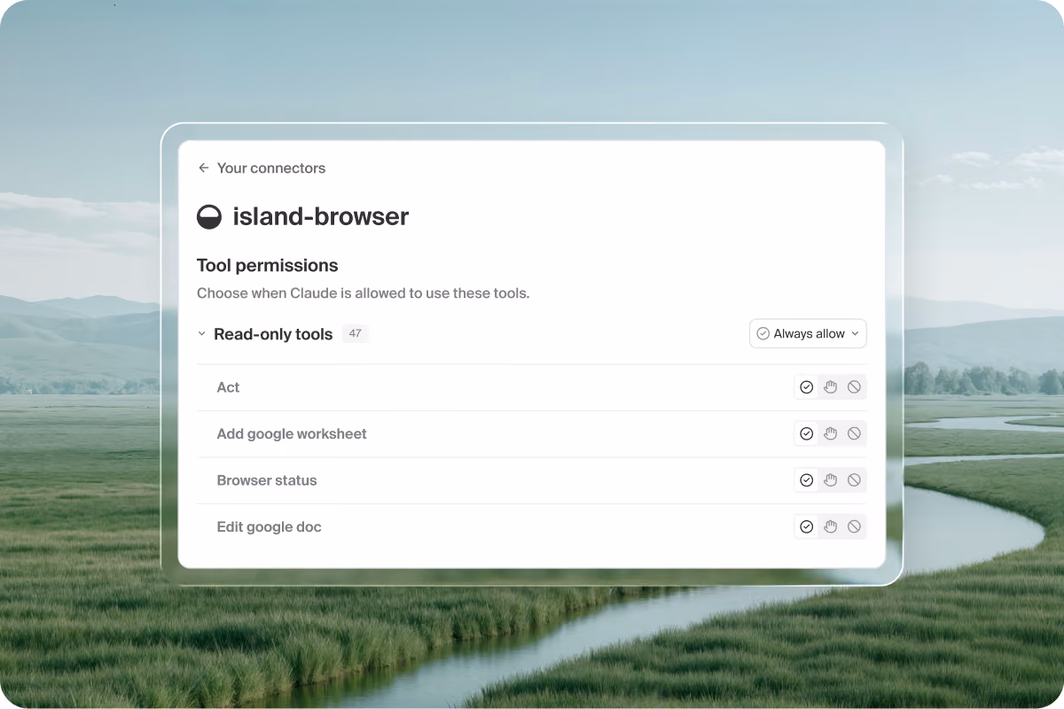 Island browser connector settings listing tool permissions, with read-only tools set to always allow