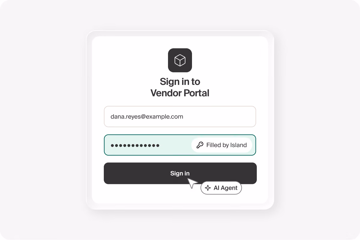 Vendor Portal sign-in form where Island fills in the password while an AI agent clicks Sign in