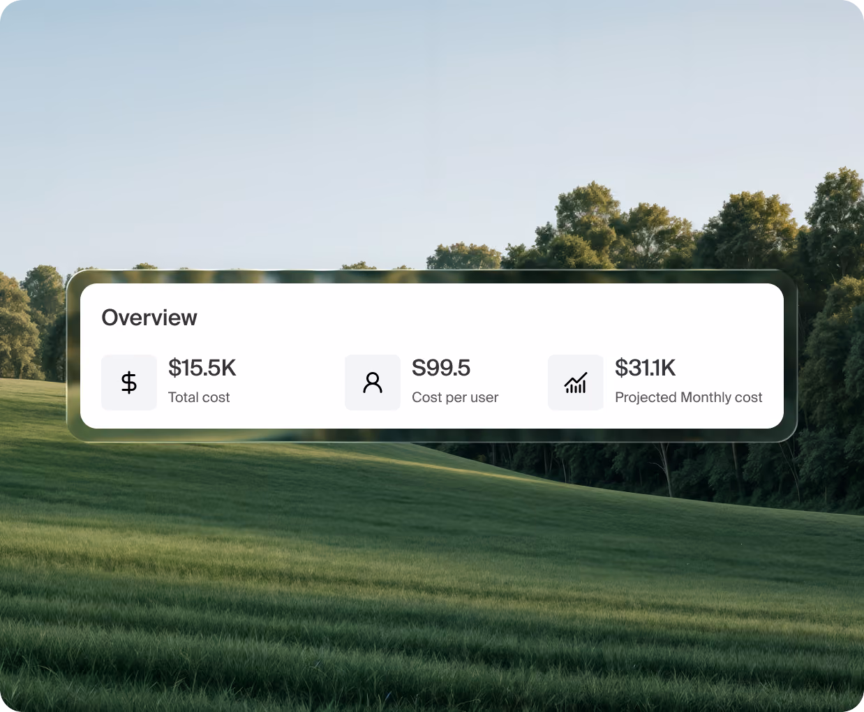 Island overview card showing total cost, cost per user and projected monthly cost over a green meadow landscape