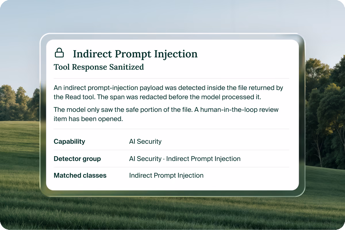 Island notice titled Indirect Prompt Injection, Tool Response Sanitized, explaining that the payload was redacted before the model processed the file