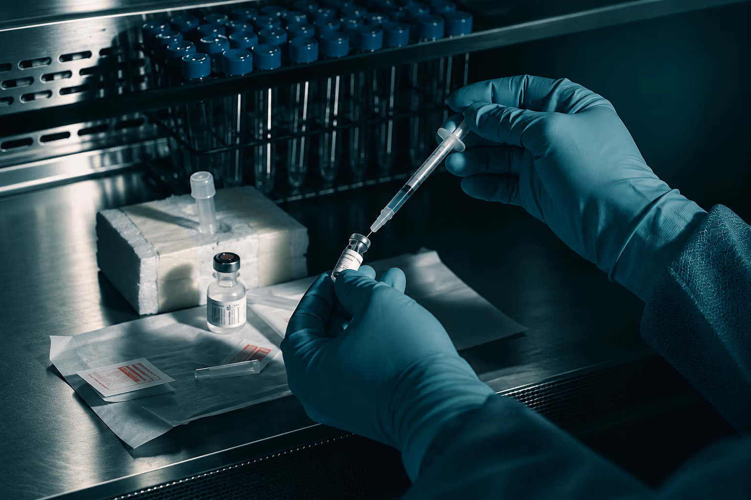 Gloved hands holding a small vial and drawing liquid from it with a syringe in a laboratory setting with test tubes and medical supplies on a metallic surface.
