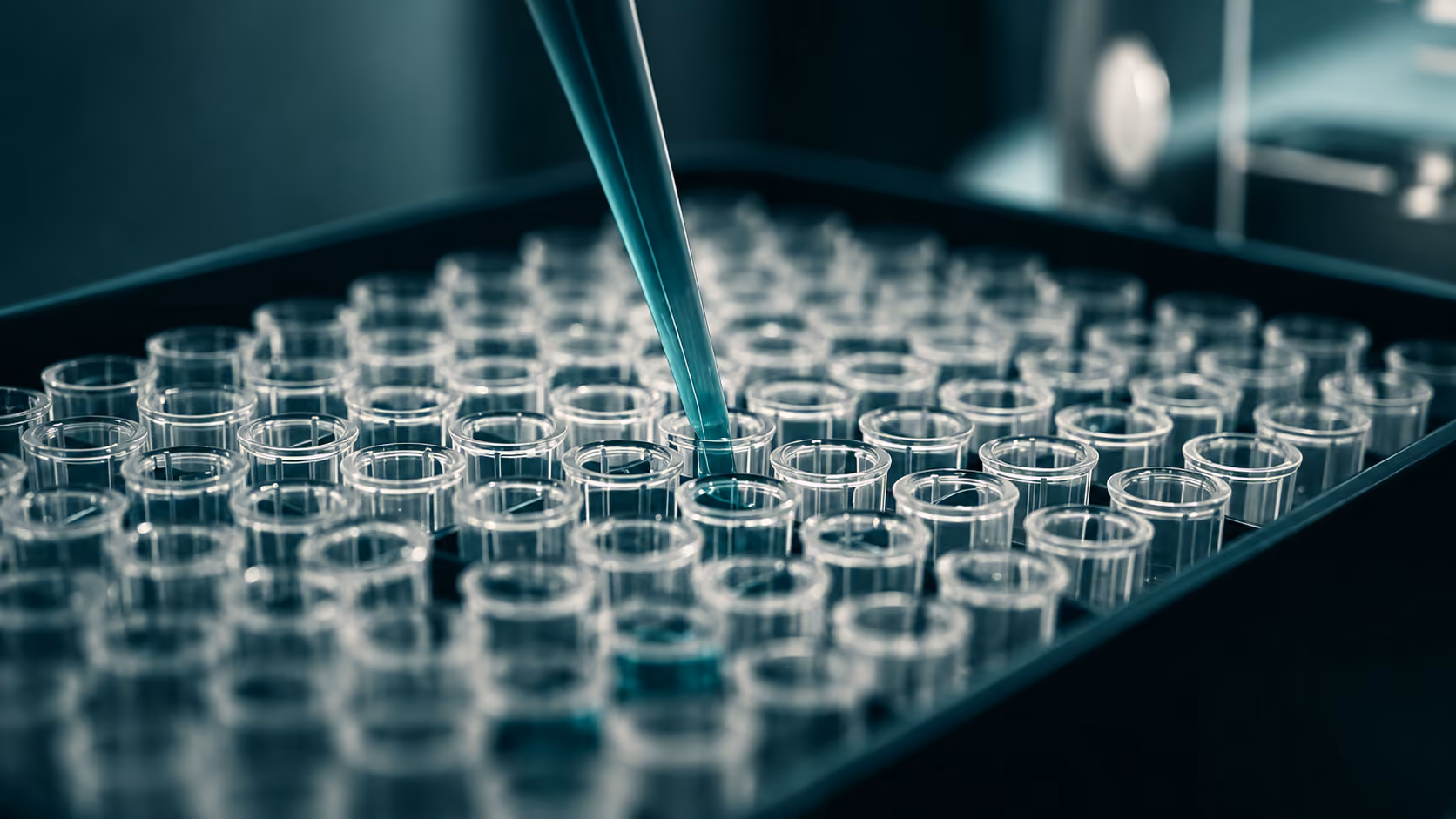 Pipette dispensing blue liquid into small test tubes arranged in a tray, in a laboratory setting.