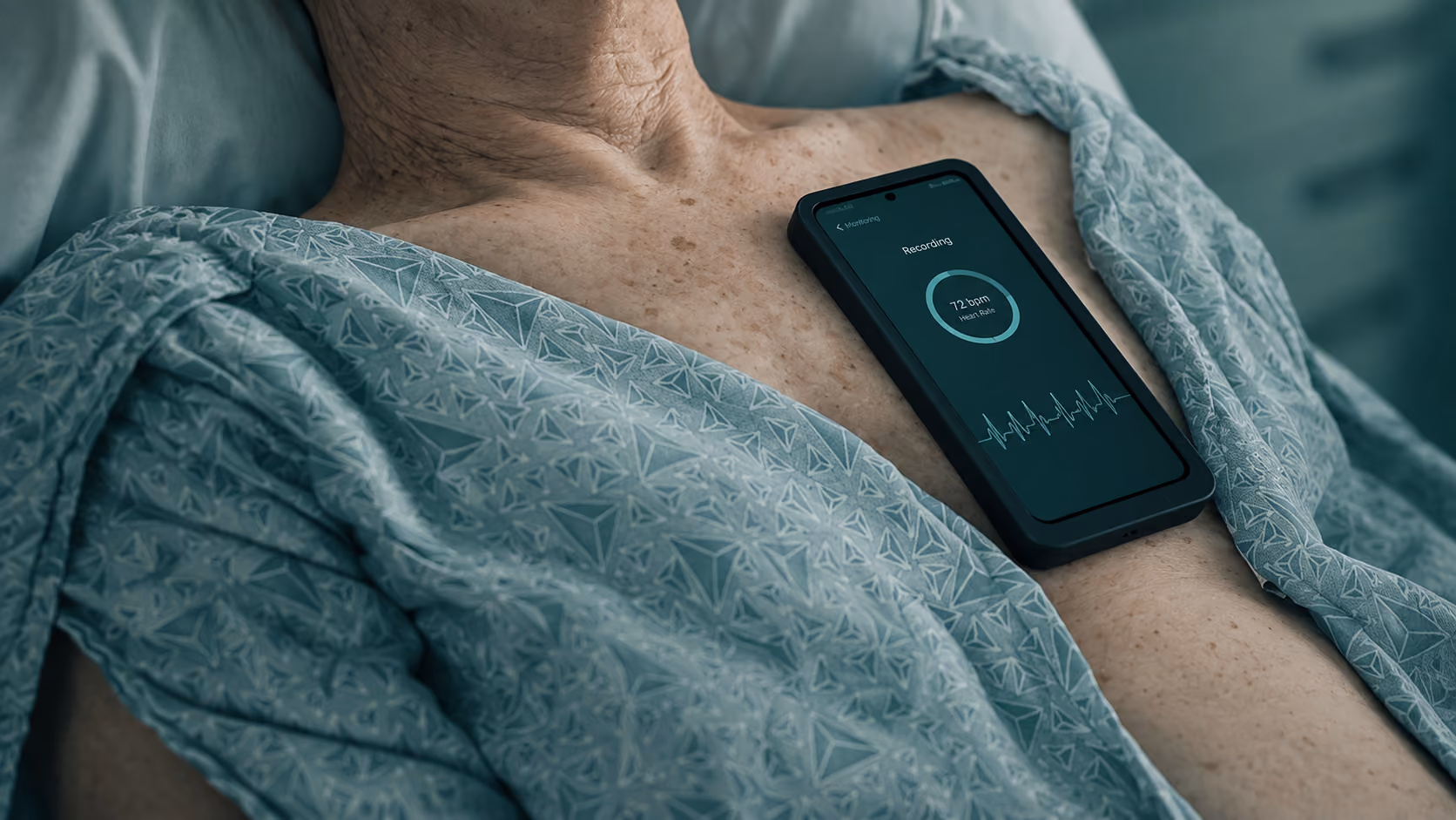 Close-up of an older person's bare chest partially covered by a hospital gown, with a smartphone resting on the chest displaying a heart rate monitoring app showing 72 bpm and an ECG waveform.
