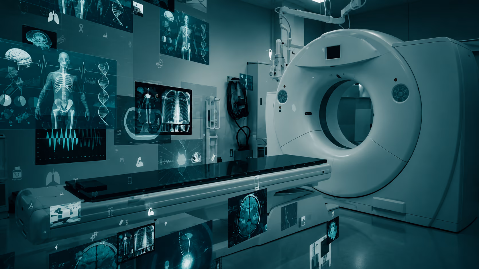 Advanced medical imaging room featuring a large CT scanner with a circular opening and patient table, surrounded by floating digital medical images including X-rays, brain scans, DNA strands, and anatomical diagrams.