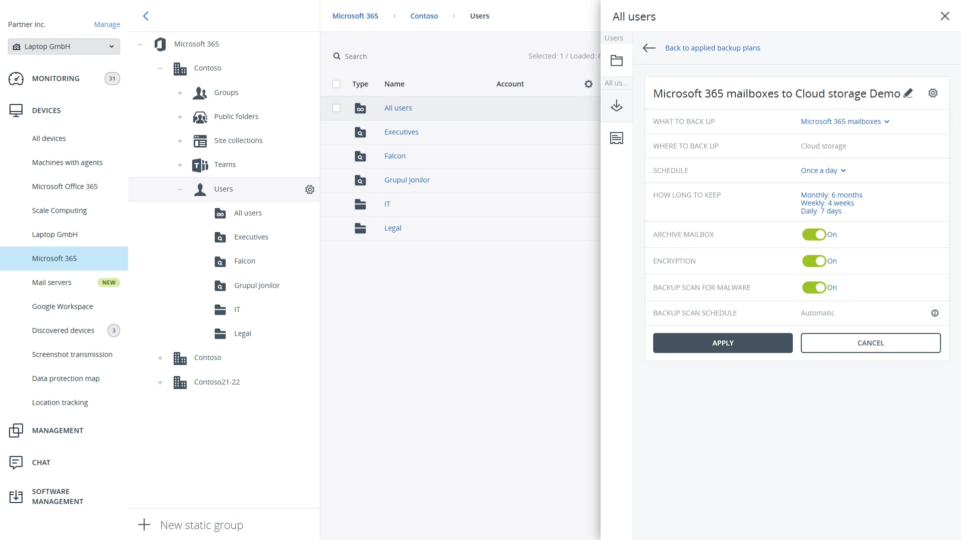Acronis dashboard for Microsoft 365