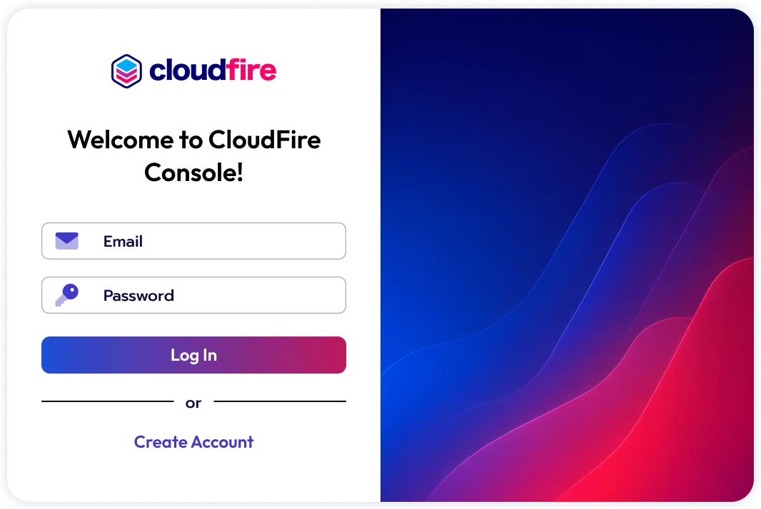 Schermata di login della Console CloudFire con logo in alto, campi per email e password, pulsante viola sfumato Log In, e link per creare un account.