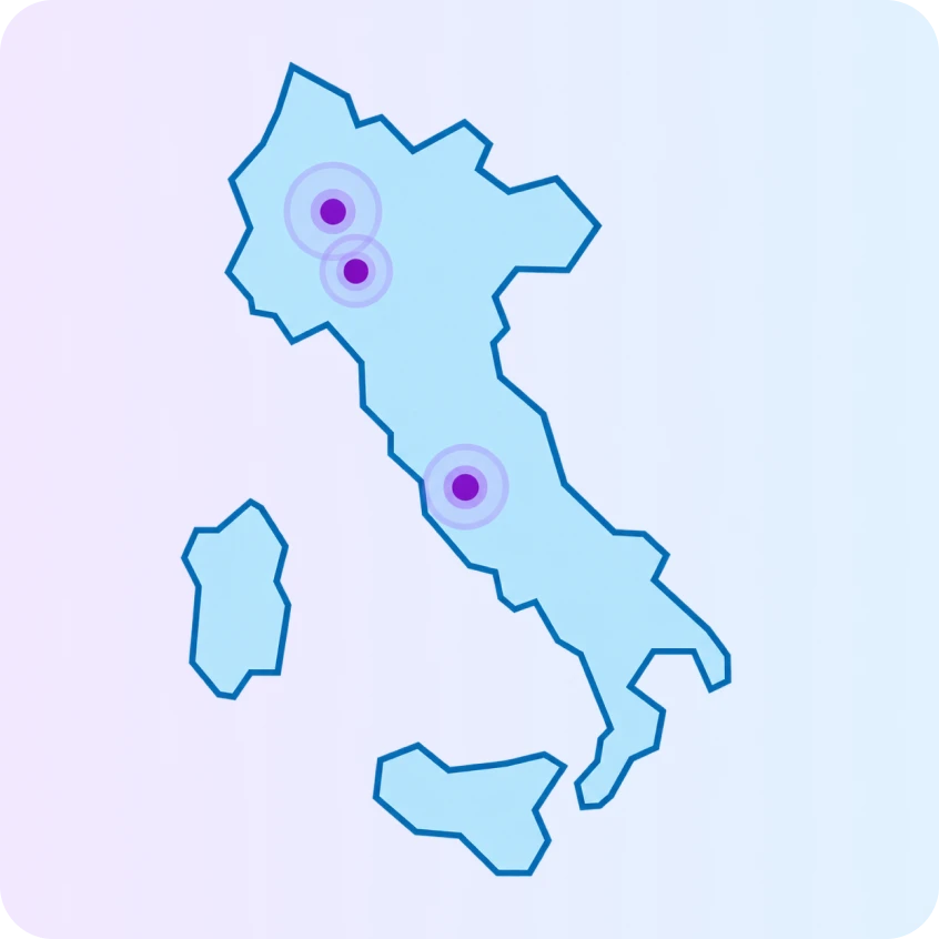 Mappa stilizzata dell'Italia in blu chiaro con tre punti viola evidenziati nel nord e nel centro del paese.