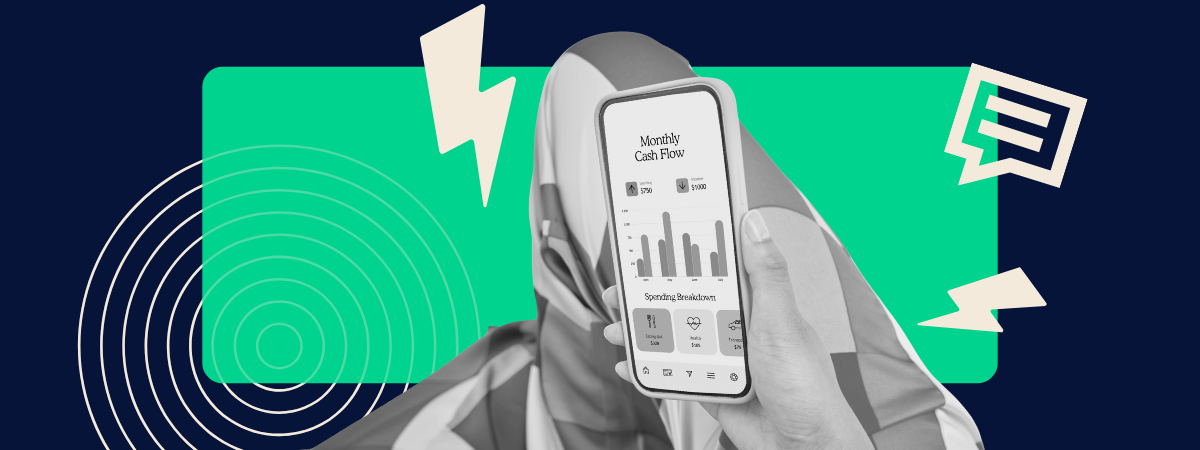 South African consumer using a banking app on a smartphone with data dashboard overlay