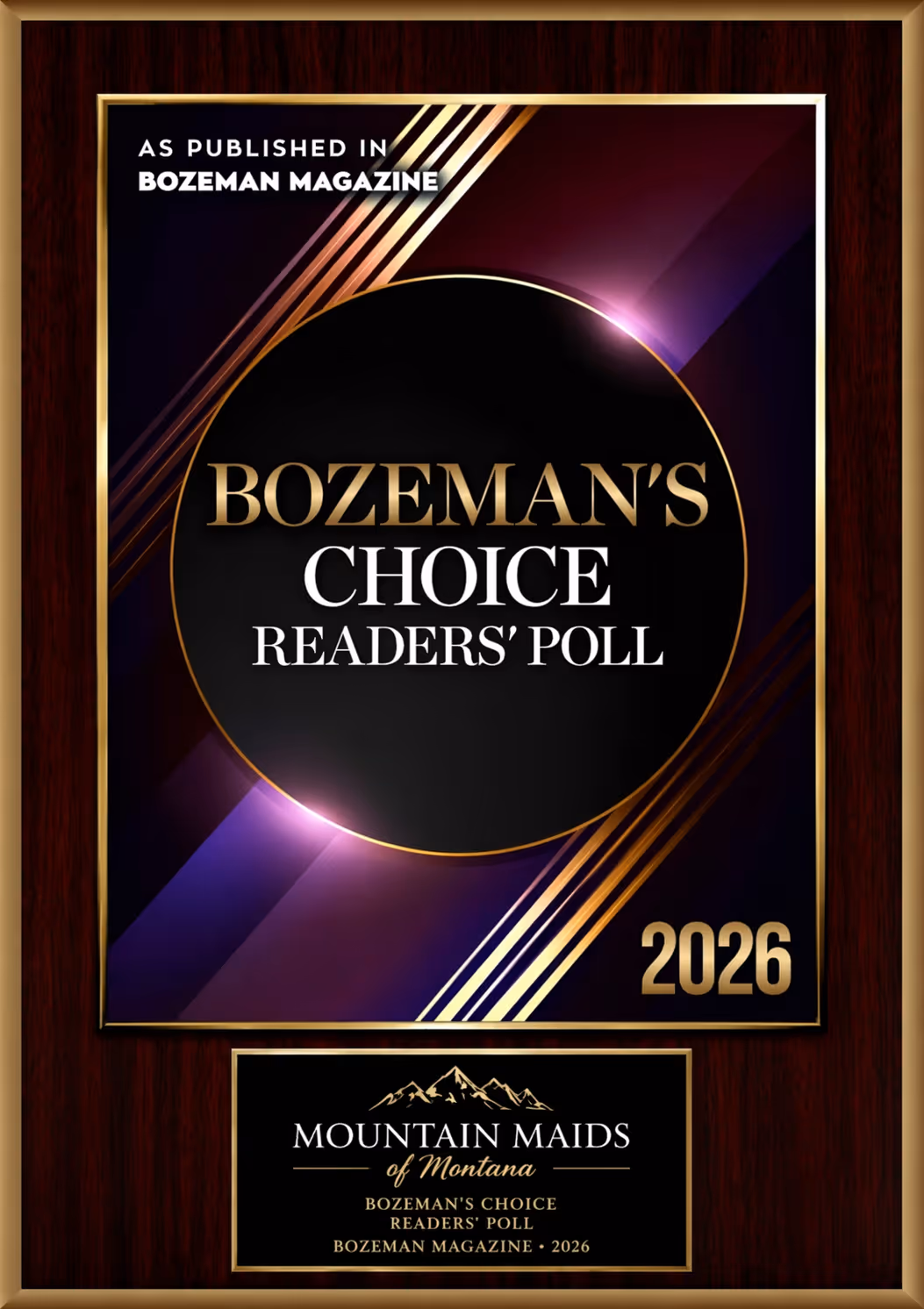 Bozeman's Choice Readers' Poll 2026 award plaque from Bozeman Magazine presented to Mountain Maids of Montana.