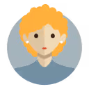 Avatar icon of a woman with curly orange hair, pearl earrings, and a blue top against a gray circle background.