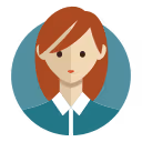 Illustration of a woman with red hair wearing a white-collared shirt against a teal circular background.