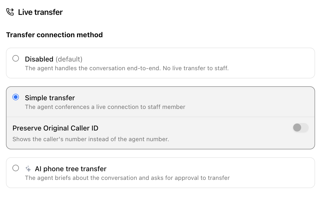 More call transfer settings and increased detection speed