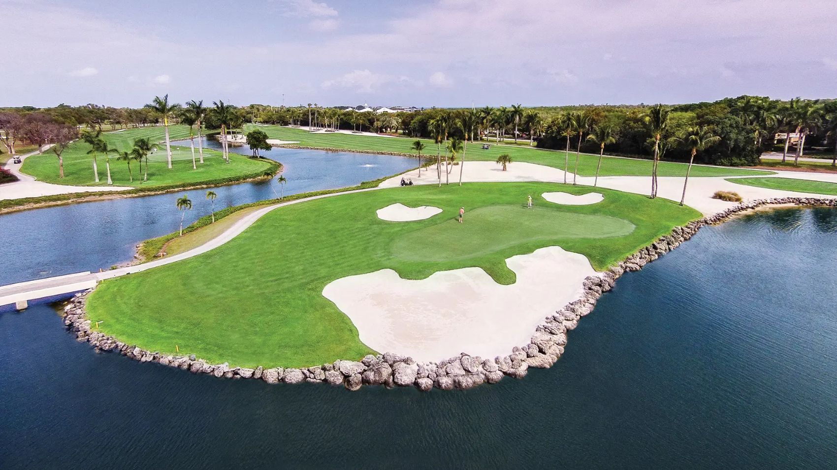 Aerial view of an island green on the Ocean Reef Club golf course
