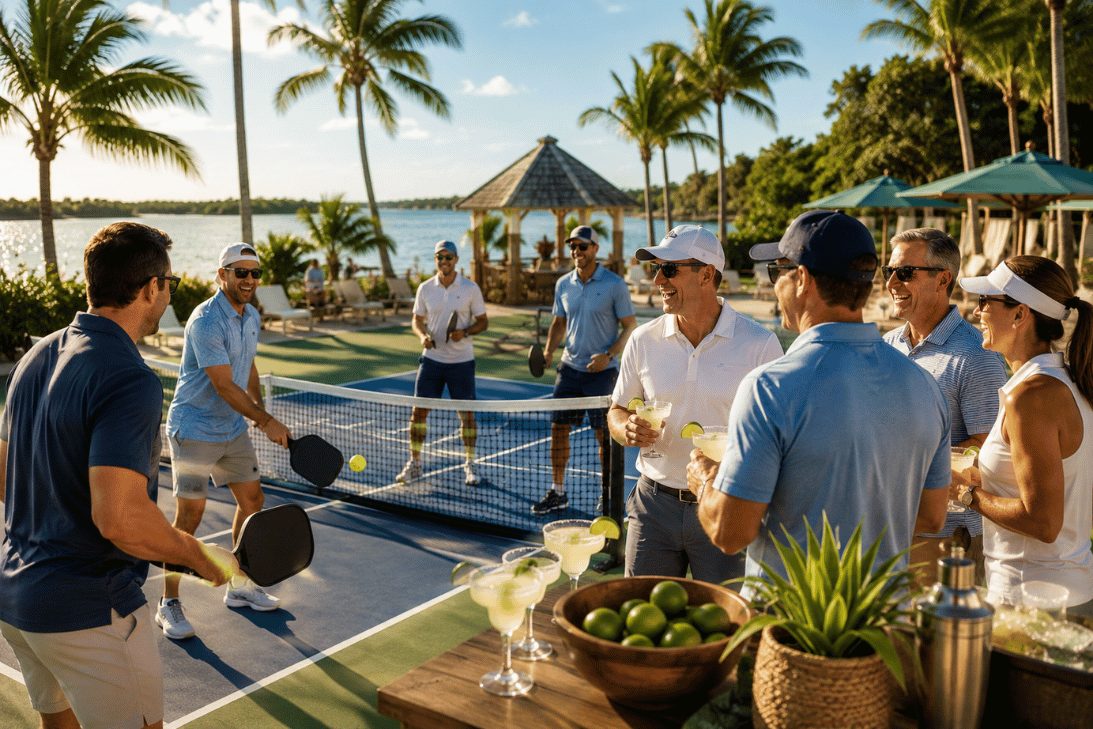 Guests playing pickleball with margaritas