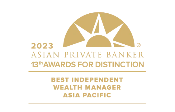 2023 Asian Private Banker 13th Awards for Distinction logo with text stating Best Independent Wealth Manager Asia Pacific.