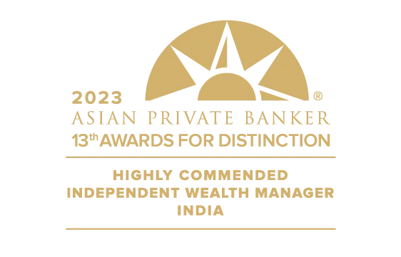 Gold emblem for 2023 Asian Private Banker 13th Awards for Distinction, Highly Commended Independent Wealth Manager India.