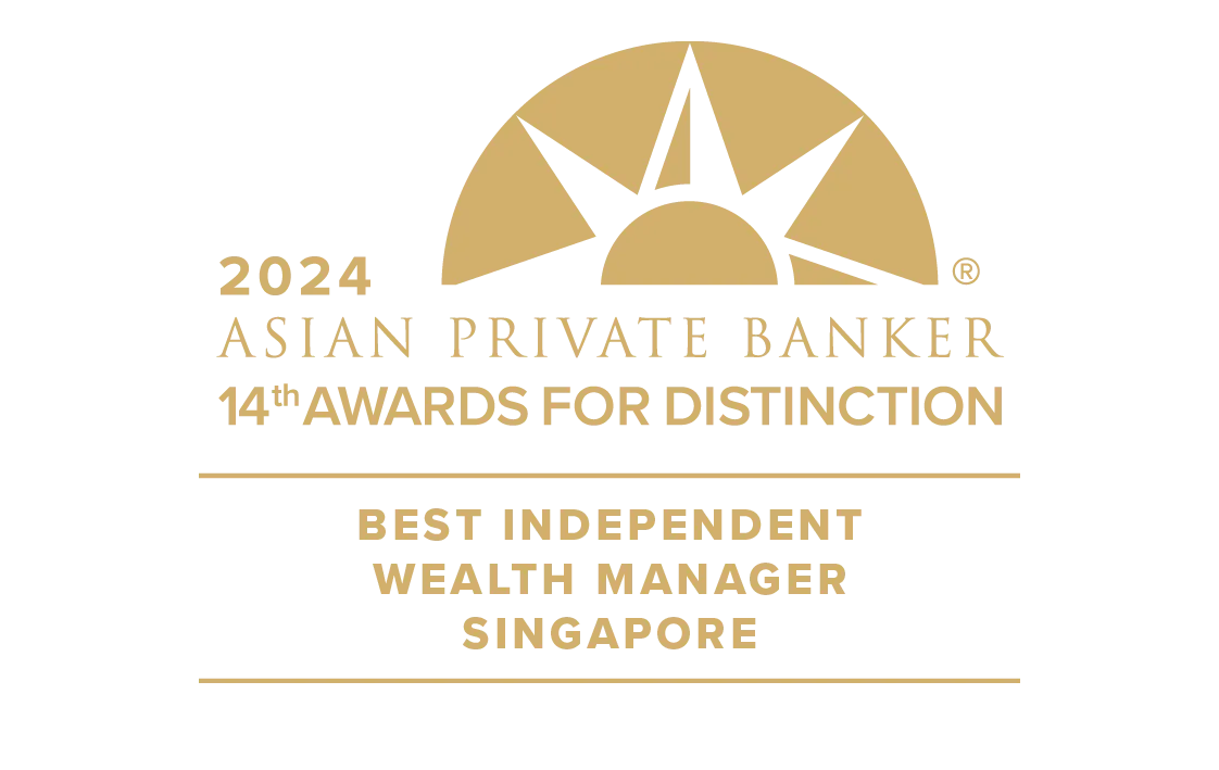 2024 Asian Private Banker 14th Awards for Distinction logo with the text 'Best Independent Wealth Manager Singapore' in gold.