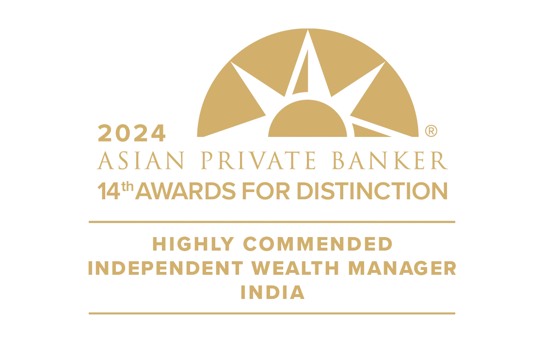 2024 Asian Private Banker 14th Awards for Distinction logo with text Highly Commended Independent Wealth Manager India in gold.