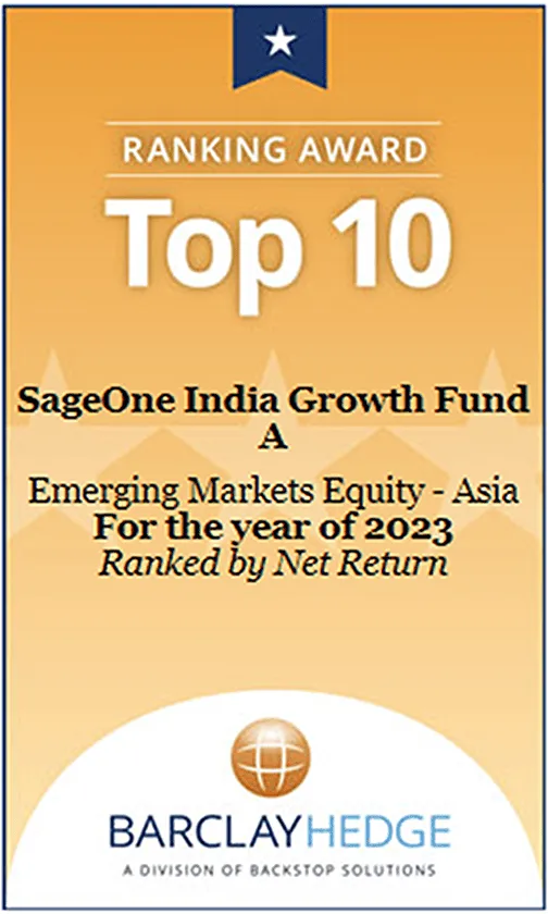 Ranking Award Top 10 for SageOne India Growth Fund A in Emerging Markets Equity - Asia for 2023, ranked by net return by BarclayHedge.