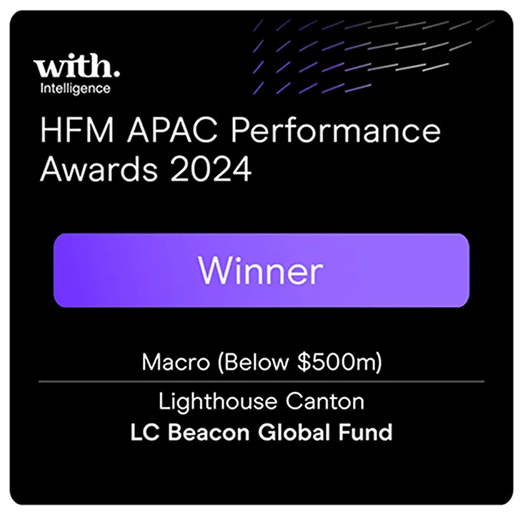 HFM APAC Performance Awards 2024 winner announcement for Macro (Below $500m) awarded to Lighthouse Canton LC Beacon Global Fund on a black background with purple gradient button.