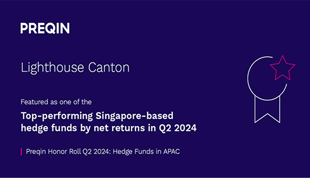 Blue background with white and pink text presenting Lighthouse Canton as a top-performing Singapore-based hedge fund by net returns in Q2 2024, recognized by Preqin Honor Roll.