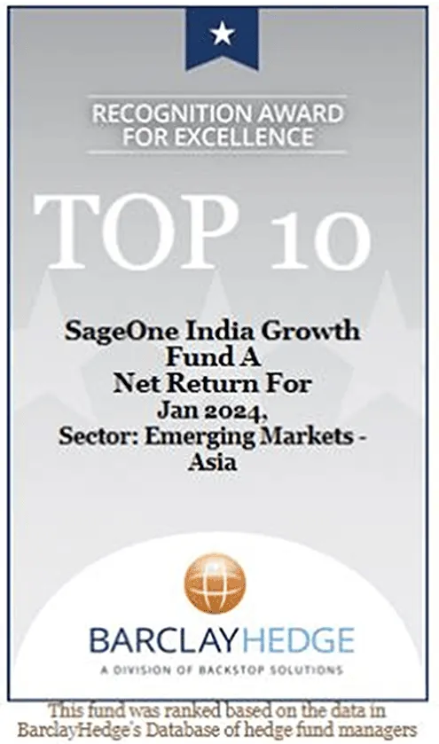 Recognition award for excellence Top 10 SageOne India Growth Fund A net return for Jan 2024, sector Emerging Markets - Asia by Barclay Hedge.