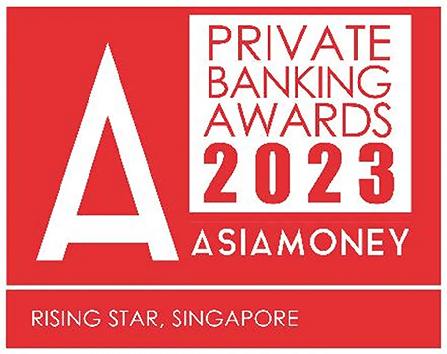 Asiamoney Private Banking Awards 2023 logo with the text 'Rising Star, Singapore' below.