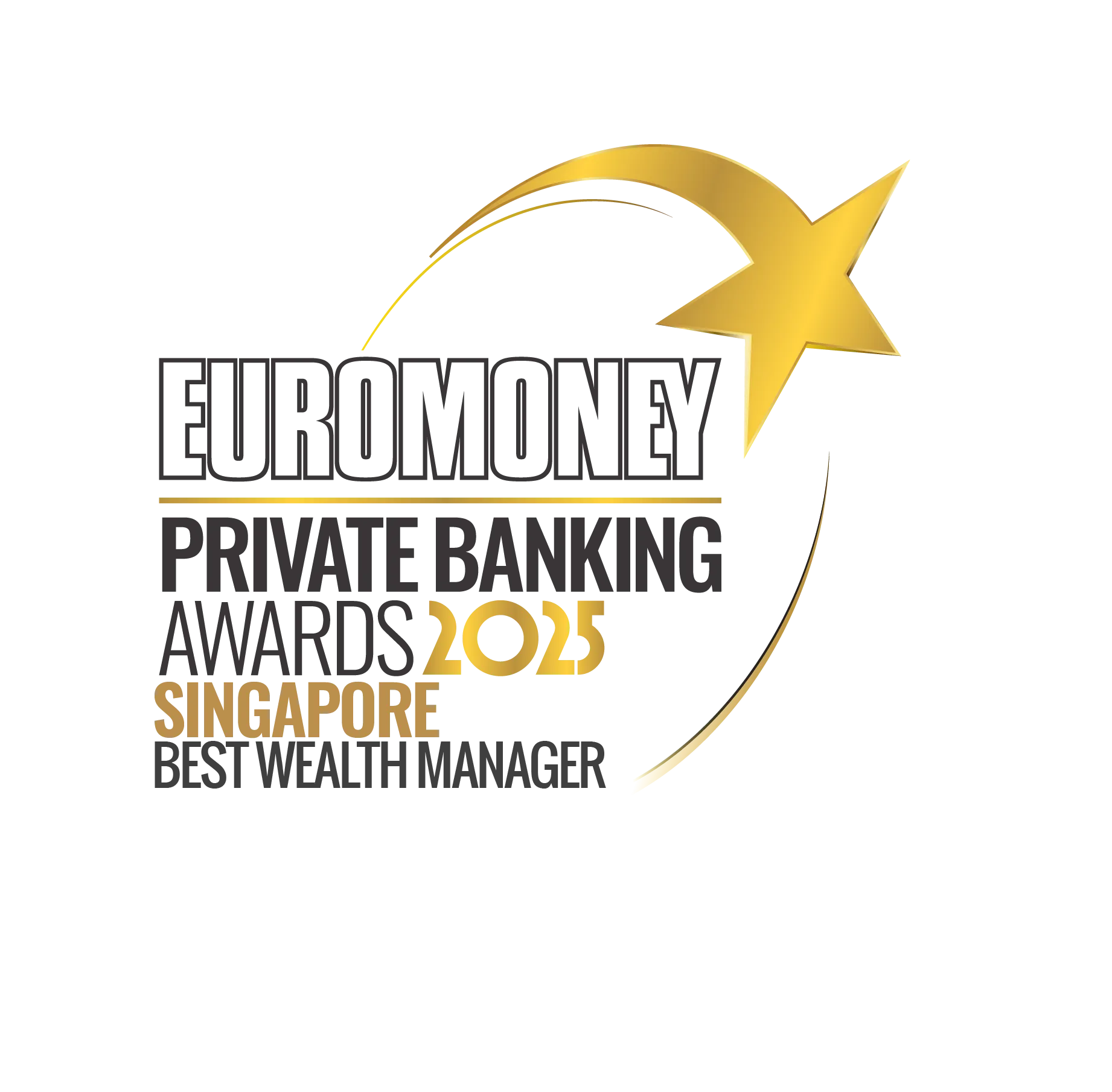 Euromoney Private Banking Awards 2025 Singapore Best Wealth Manager logo with a gold shooting star arc design.