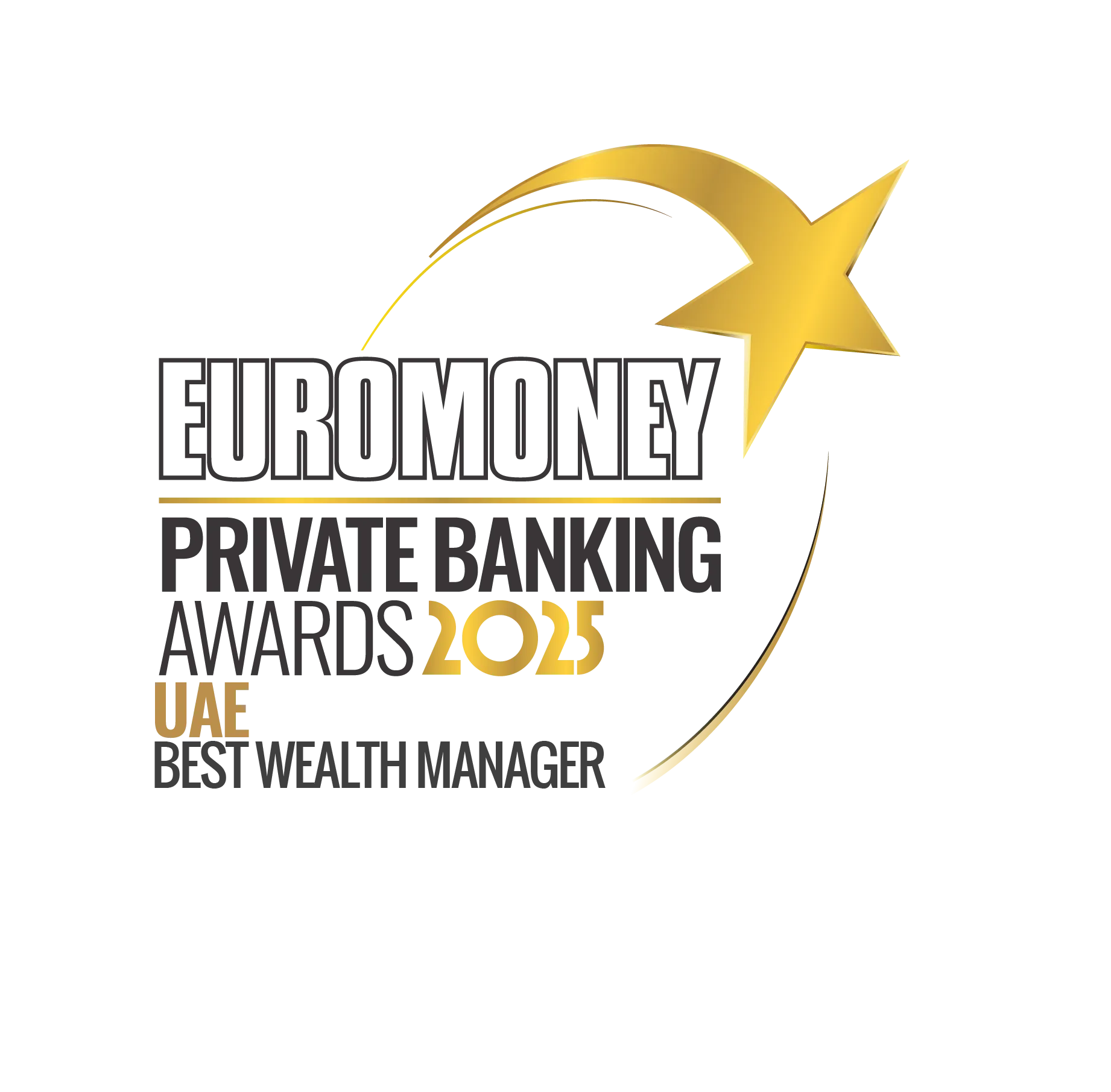 Euromoney Private Banking Awards 2025 UAE Best Wealth Manager logo with a gold star and curved lines.
