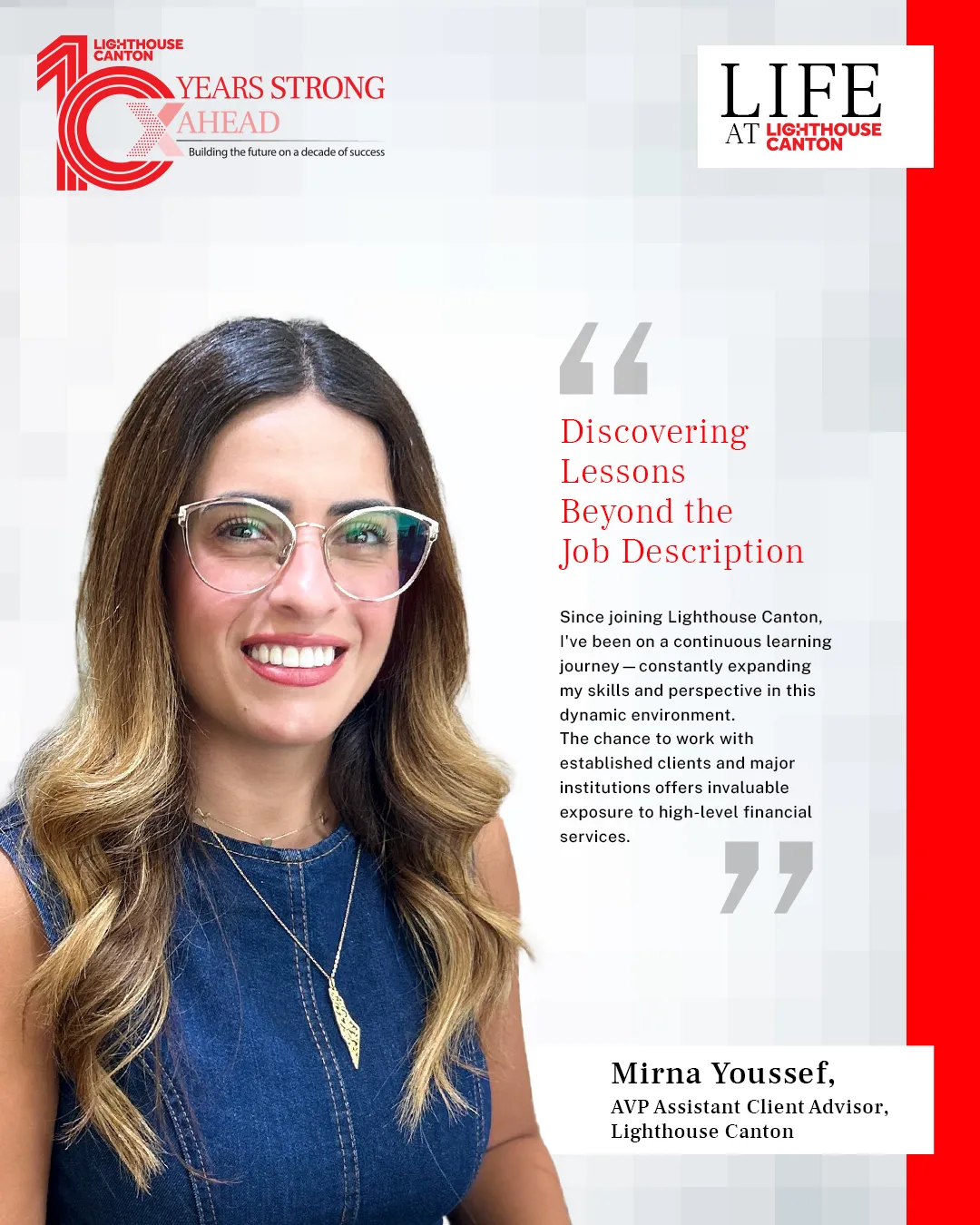 Portrait of Mirna Youssef smiling, wearing glasses and a blue sleeveless top, with text about learning and growth at Lighthouse Canton.