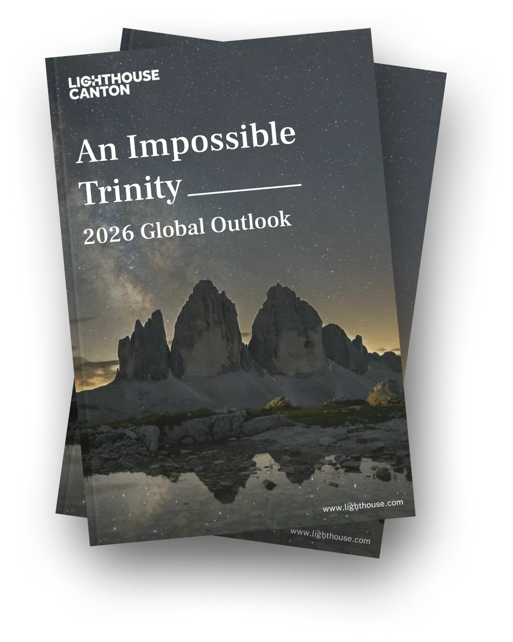 Cover of a report titled 'An Impossible Trinity 2026 Global Outlook' by Lighthouse Canton featuring a starry night sky over rocky mountain peaks with reflection in water.