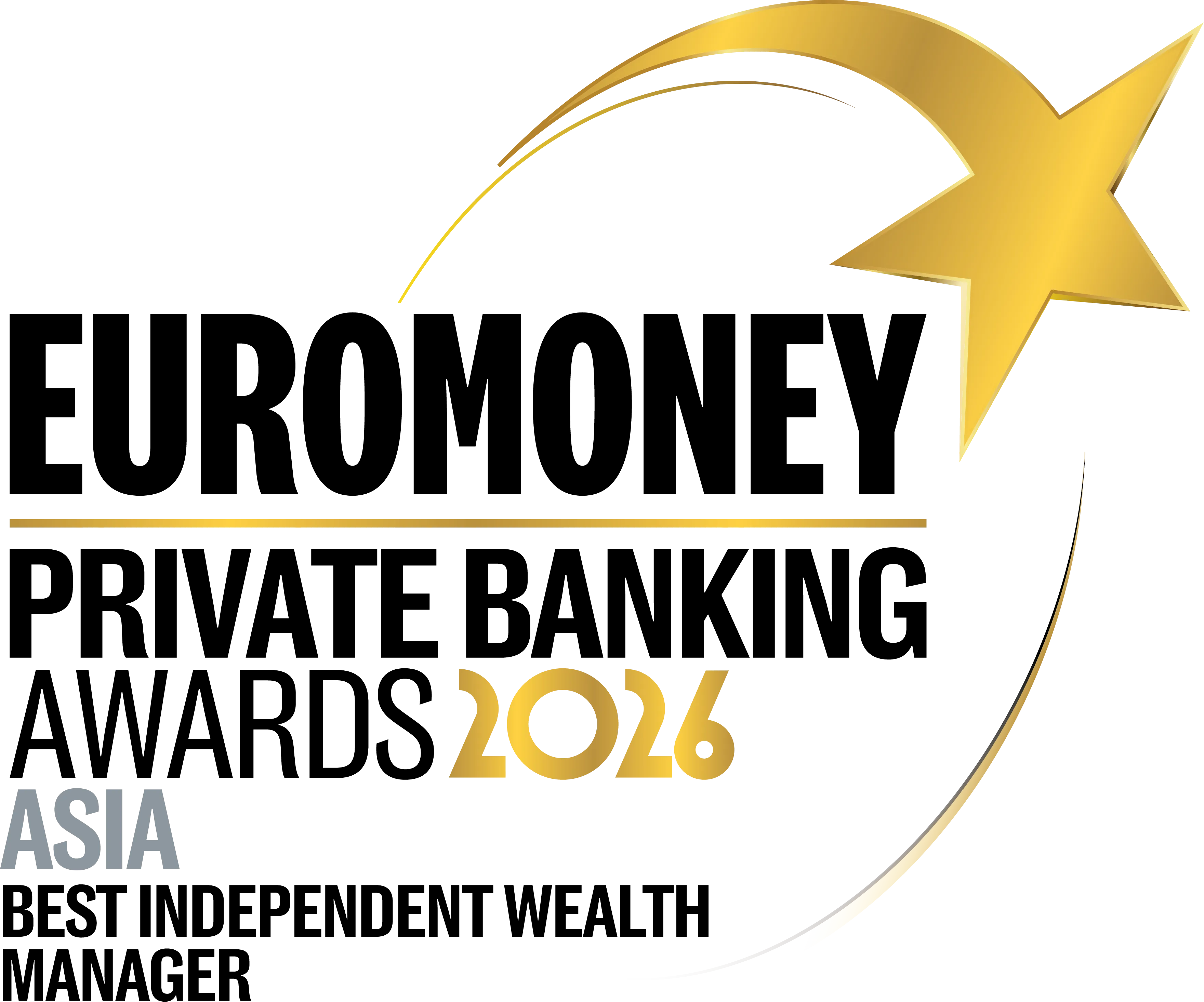Private Banker International 2026 Asia Best Independent Wealth Manager award emblem with a gold star and curved accent.