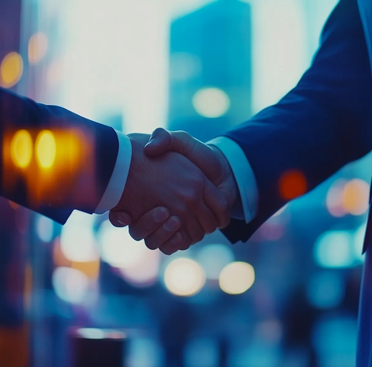 Two businesspeople shaking hands with a blurred cityscape and lights in the background.