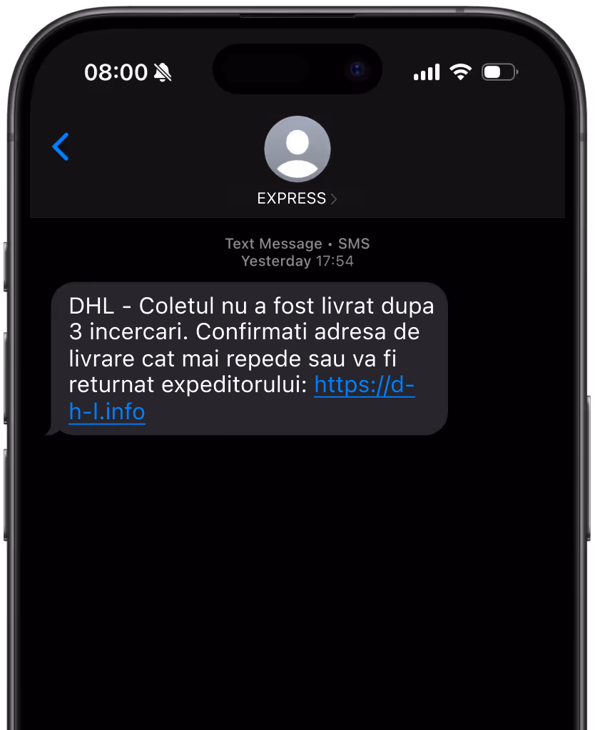 Exemplu de flubot: SMS cu link suspicios