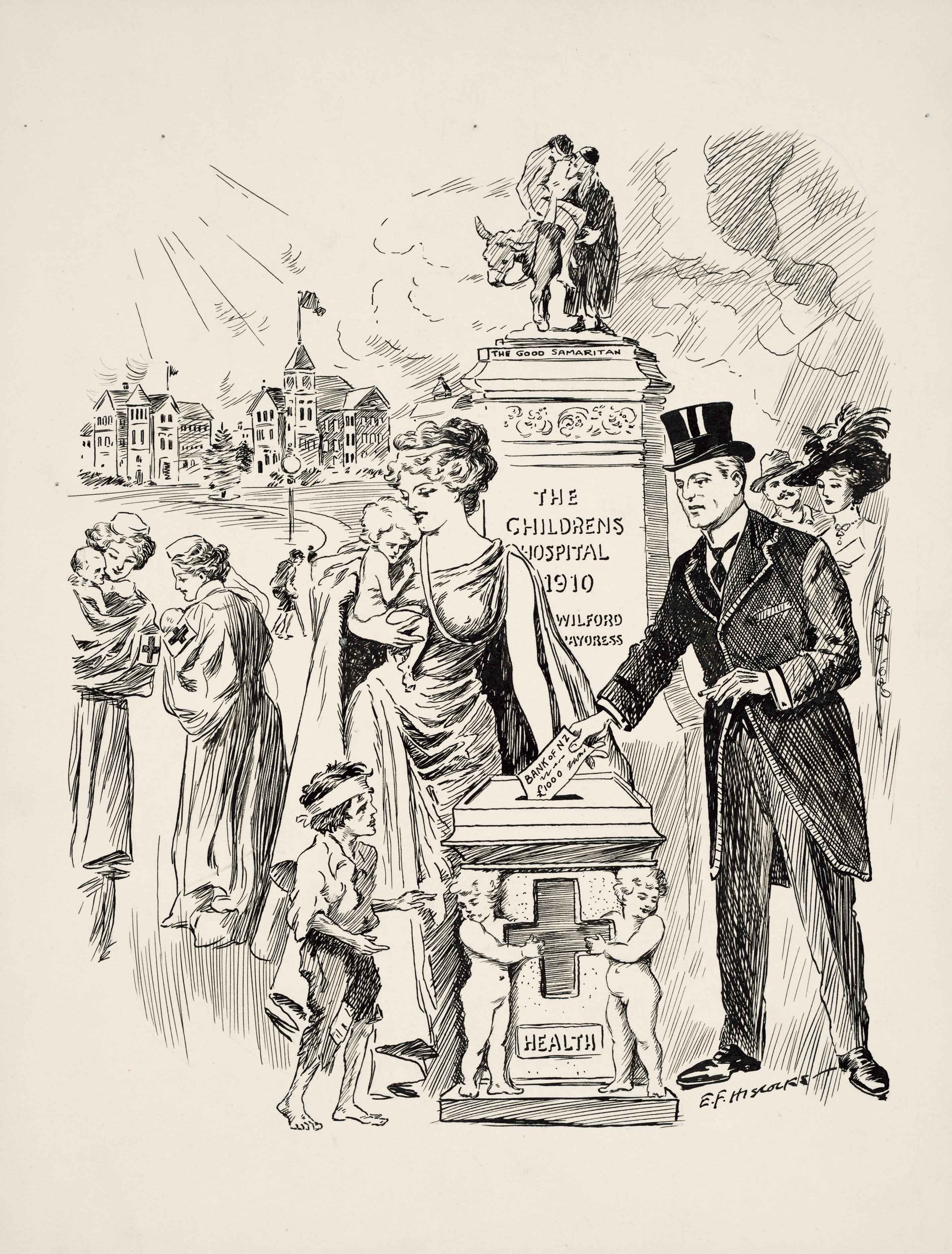 Fundraising, 1910. Wellington Hospital Archives, as gathered by Ron Easthope, honorary archivist and retired cardiologist. Further image details unknown; reproduced with permission from Health New Zealand | Te Whatu Ora. 